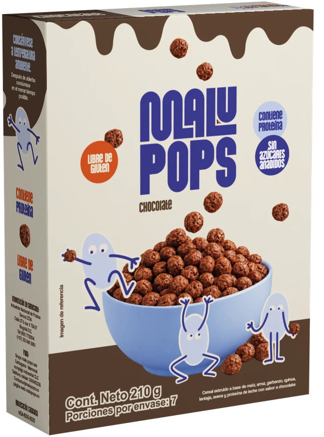 Caja original de cereal Malu Pops sabor chocolate