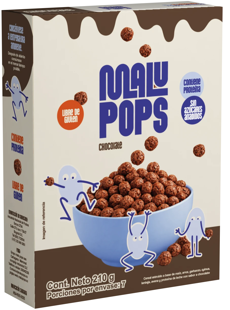 Caja original de cereal Malu Pops sabor chocolate
