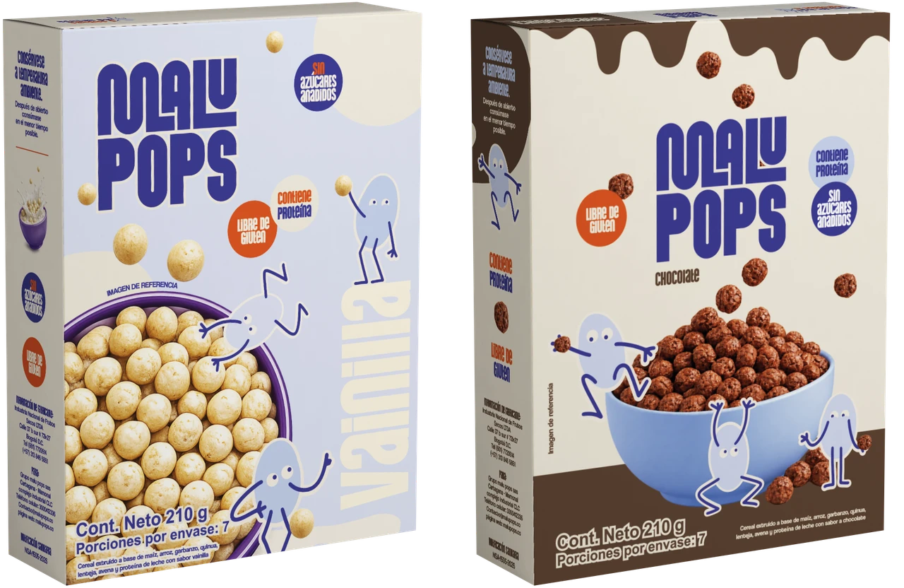 Cajas originales de cereal Malu Pops de vainilla y chocolate