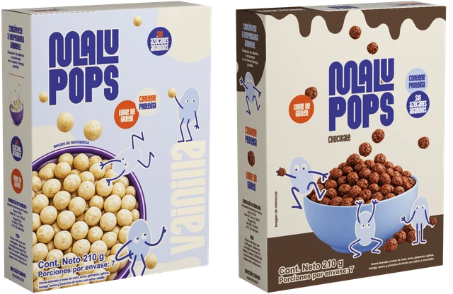 Cajas originales de cereal Malu Pops de vainilla y chocolate
