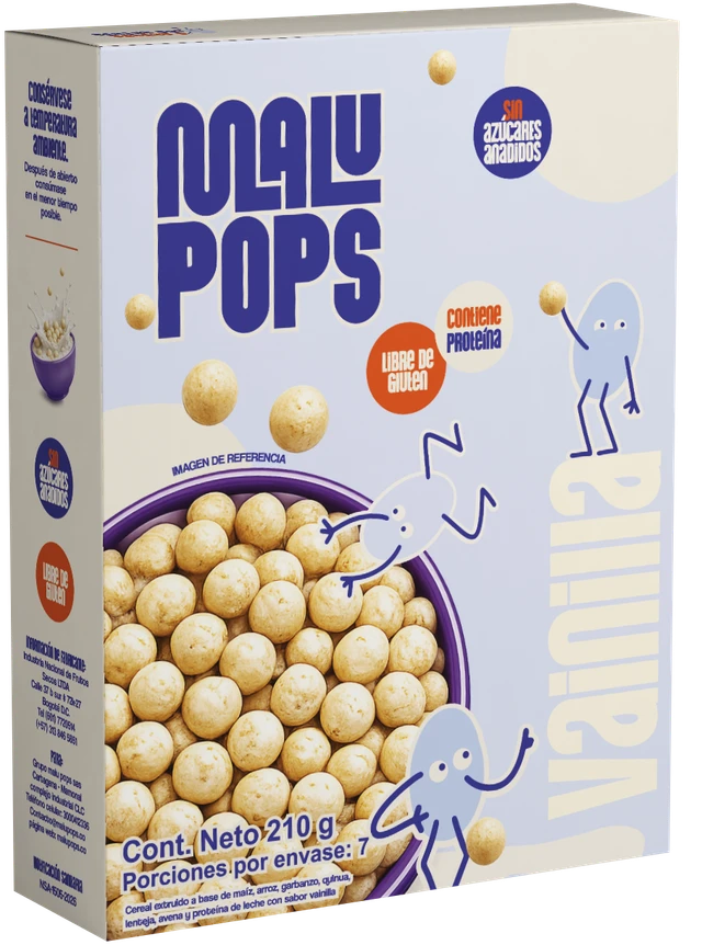 Caja original de cereal Malu Pops sabor vainilla