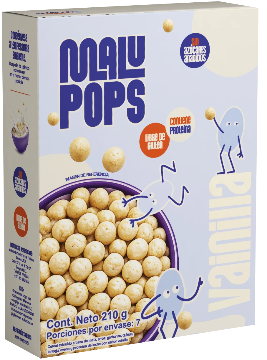 Caja original de cereal Malu Pops sabor vainilla