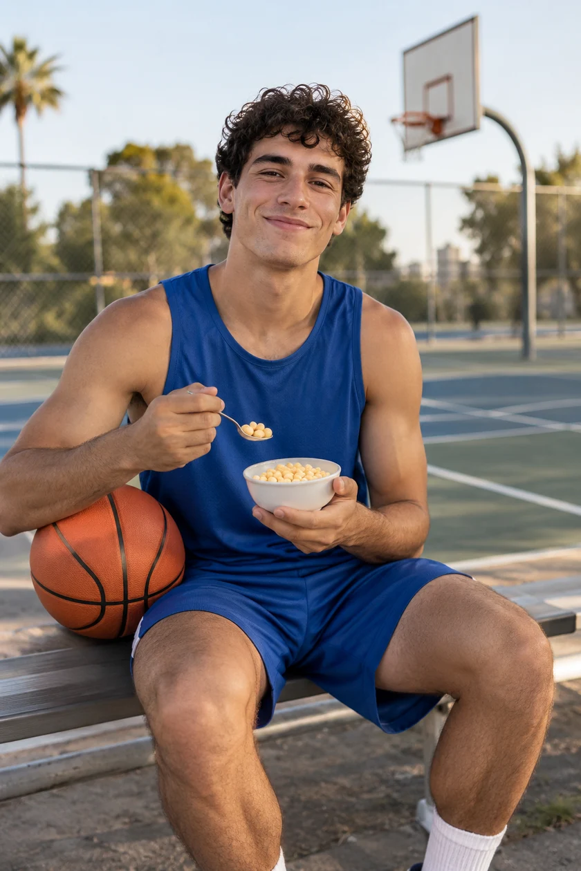 Un joven con ropa deportiva toma cereal durante una pausa en una cancha de baloncesto.