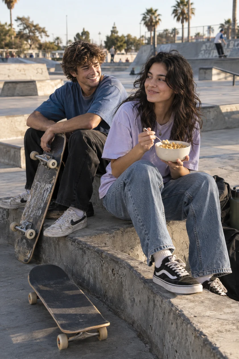 Dos jóvenes descansan con sus patinetas en un skatepark mientras comparten una pausa con cereal.